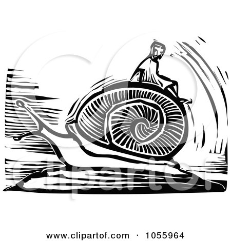 Royalty-Free Vector Clip Art Illustration of a Black And White Woodcut Styled Person Riding A Giant Snail by xunantunich