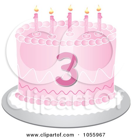 Royalty-Free Vector Clip Art Illustration of a Pink Third Birthday Cake With Candles by Pams Clipart