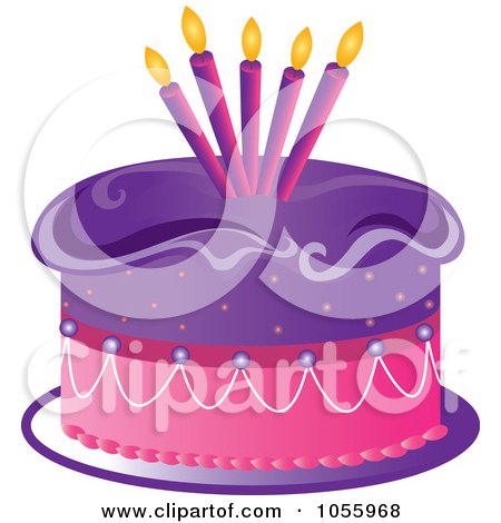 Royalty-Free Vector Clip Art Illustration of a Purple And Pink Birthday Cake With Candles by Pams Clipart