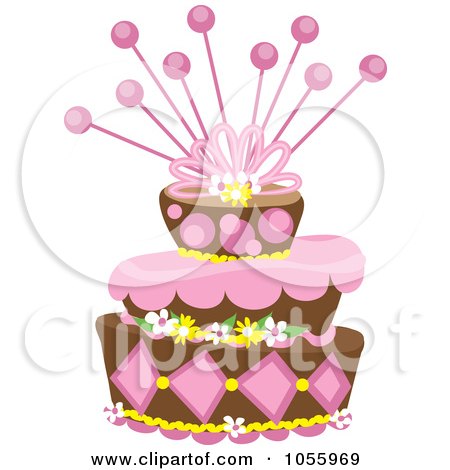 Royalty-Free Vector Clip Art Illustration of a Funky Pink And Brown Floral Cake by Pams Clipart