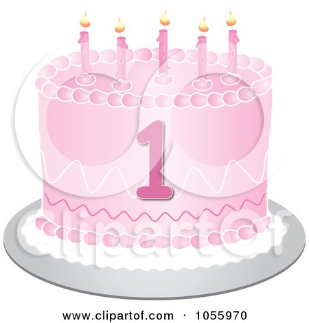 Royalty-Free Vector Clip Art Illustration of a Pink First Birthday Cake With Candles by Pams Clipart