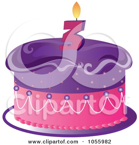 Royalty-Free Vector Clip Art Illustration of a Purple And Pink Birthday Cake With A Number Three Candle by Pams Clipart