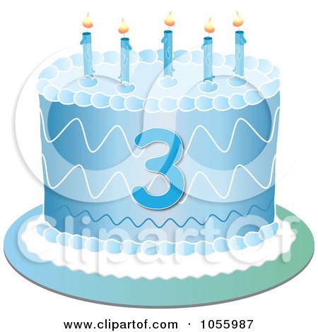 Royalty-Free Vector Clip Art Illustration of a Blue Third Birthday Cake With Candles by Pams Clipart