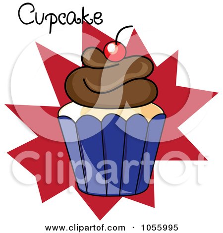 Royalty-Free Vector Clip Art Illustration of a Chocolate Frosted Cupcake In A Blue Cup With Text On A Red Burst by Pams Clipart