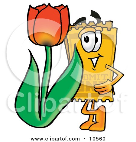 Clipart Picture of a Yellow Admission Ticket Mascot Cartoon Character With a Red Tulip Flower in the Spring by Mascot Junction