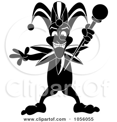 Royalty-Free Vector Clip Art Illustration of a Black And White Mardi Gras Jester Holding A Staff by Pams Clipart