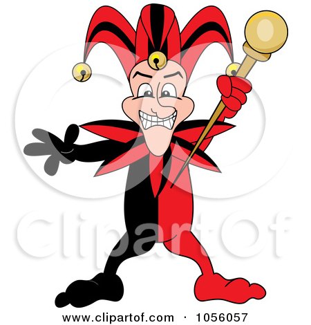 Royalty-Free Vector Clip Art Illustration of a Red And Black Mardi Gras Jester Holding A Staff by Pams Clipart