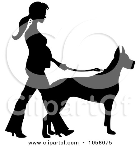 Royalty-Free Vector Clip Art Illustration of a Black Silhouetted Pregnant Woman Walking A Great Dane Dog by Pams Clipart