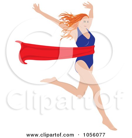 Royalty-Free Vector Clip Art Illustration of a Red Haired Woman Breaking Through A Red Ribbon by Pams Clipart