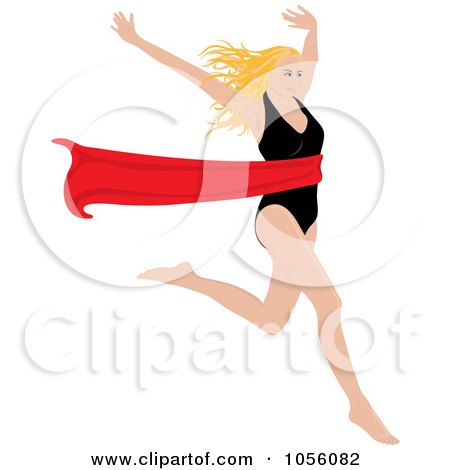 Royalty-Free Vector Clip Art Illustration of a Blond Woman Breaking Through A Red Ribbon by Pams Clipart