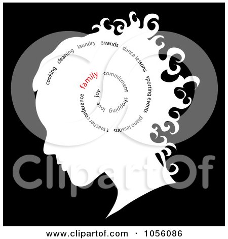 Royalty-Free Vector Clip Art Illustration of a White Silhouetted Girl's Head With A Spiral Of Words, Family Standing Out by Pams Clipart