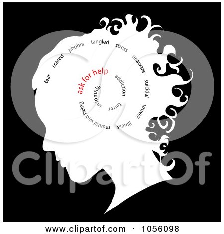 Royalty-Free Vector Clip Art Illustration of a White Silhouetted Girl's Head With A Spiral Of Words, Ask For Help Standing Out by Pams Clipart