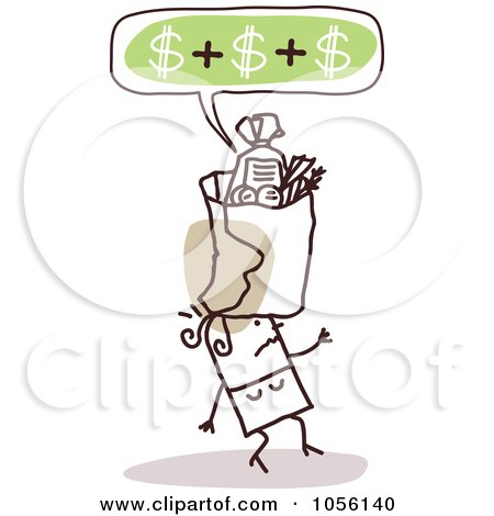 Royalty-Free Vector Clip Art Illustration of an Expensive Bag Of Groceries Falling On A Woman's Head by NL shop