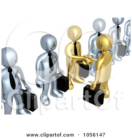 Royalty-Free CGI Clip Art Illustration of 3d Gold Business Men Shaking Hands In A Line Of Silver Men by 3poD