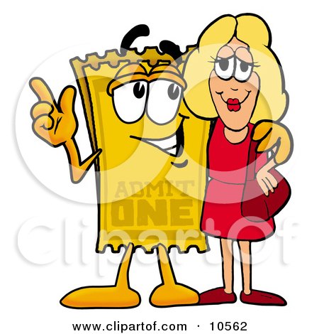 Clipart Picture of a Yellow Admission Ticket Mascot Cartoon Character Talking to a Pretty Blond Woman by Mascot Junction