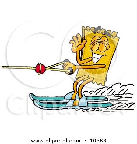 Clipart Picture of a Yellow Admission Ticket Mascot Cartoon Character Waving While Water Skiing by Mascot Junction