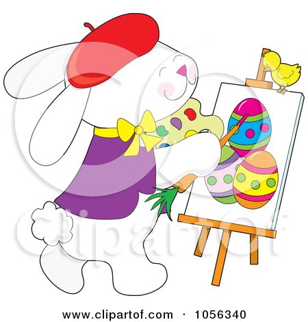 Royalty-Free Vector Clip Art Illustration of a Chick Watching A Creative Easter Bunny Painting Eggs On Canvas by Maria Bell