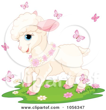 Royalty-Free Vector Clip Art Illustration of a Cute Baby Spring Time Lamb With Flowers And Pink Butterflies by Pushkin