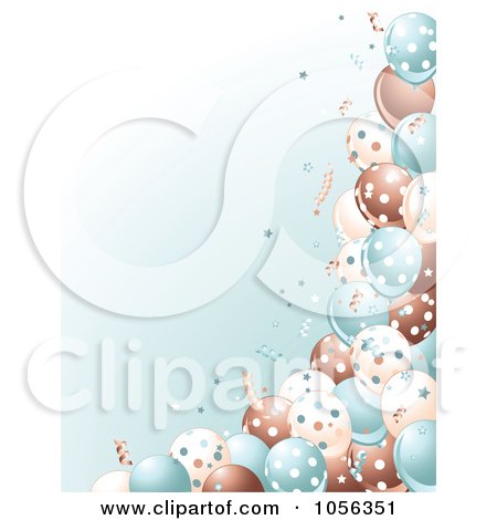 Royalty-Free Vector Clip Art Illustration of a Boys Birthday Party Background Of Brown, Blue And White Balloons And Confetti On Blue by Pushkin