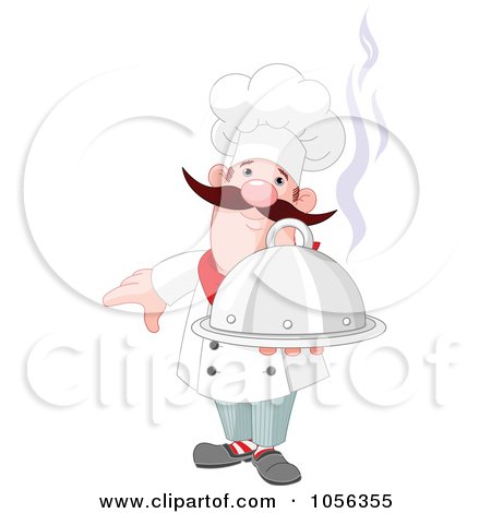 Royalty-Free Vector Clip Art Illustration of a Professional Chef Holding Out A Steaming Platter by Pushkin