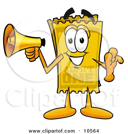 Clipart Picture of a Yellow Admission Ticket Mascot Cartoon Character Holding a Megaphone by Mascot Junction