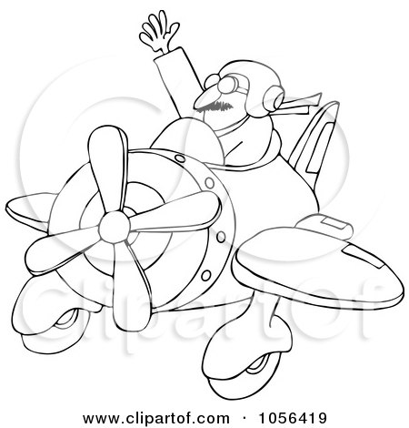 Royalty-Free Vector Clip Art Illustration of a Coloring Page Outline Of A Waving Pilot Flying His Plane by djart