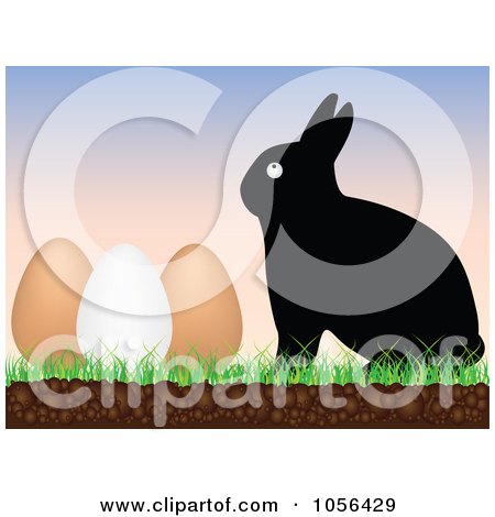 Royalty-Free Vector Clip Art Illustration of a Black Easter Bunny With Eggs At Sunrise by Andrei Marincas