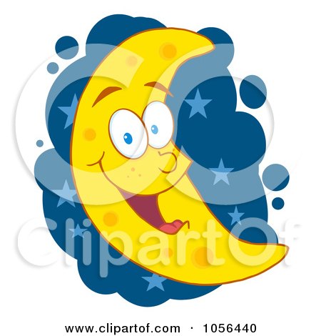 Royalty-Free Vector Clip Art Illustration of a Happy Crescent Moon Over Blue Stars by Hit Toon
