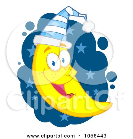Royalty-Free Vector Clip Art Illustration of a Happy Crescent Moon Wearing A Night Cap Over Blue Stars by Hit Toon