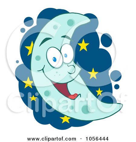 Royalty-Free Vector Clip Art Illustration of a Happy Blue Crescent Moon Over Stars by Hit Toon