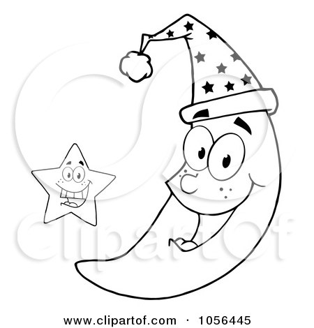 Royalty-Free Vector Clip Art Illustration of an Outlined Star By A Happy Crescent Moon Wearing A Night Cap by Hit Toon