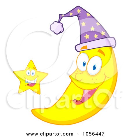 Royalty-Free Vector Clip Art Illustration of a Star By A Happy Crescent Moon Wearing A Night Cap by Hit Toon