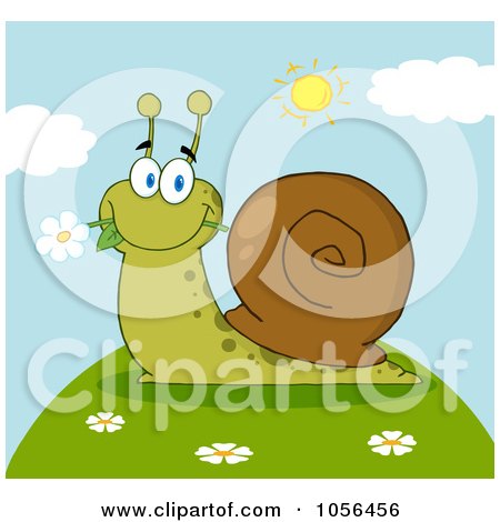 Royalty-Free Vector Clip Art Illustration of a Snail Eating A Flower On A Hill On A Sunny Day by Hit Toon