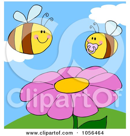 Royalty-Free Vector Clip Art Illustration of a Chubby Baby Bee And Adult Bee Over A Flower On A Sunny Day by Hit Toon