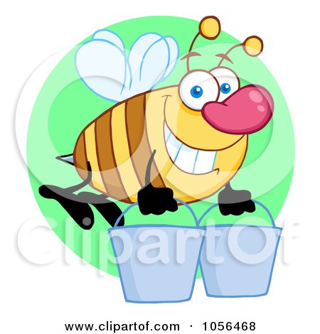 Royalty-Free Vector Clip Art Illustration of a Worker Bee Carrying Two Buckets Over A Green Circle by Hit Toon