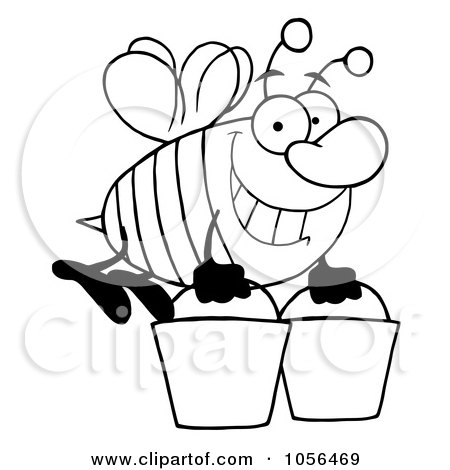 Royalty-Free Vector Clip Art Illustration of an Outlined Worker Bee Carrying Two Buckets by Hit Toon