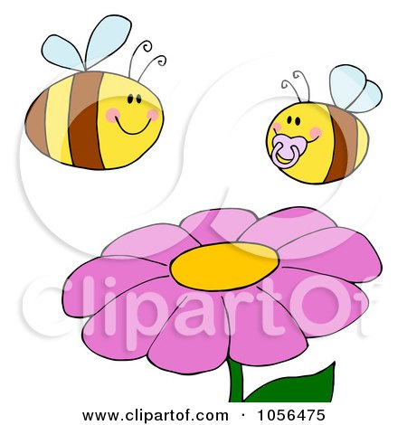 Royalty-Free Vector Clip Art Illustration of a Chubby Baby Bee And Adult Bee Over A Flower by Hit Toon
