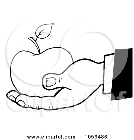 Royalty-Free Vector Clip Art Illustration of an Outlined Hand Holding A Red Apple by Hit Toon