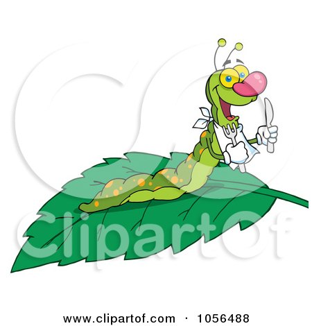 Royalty-Free Vector Clip Art Illustration of a Hungry Caterpillar With A Bib And Silverware On A Leaf by Hit Toon