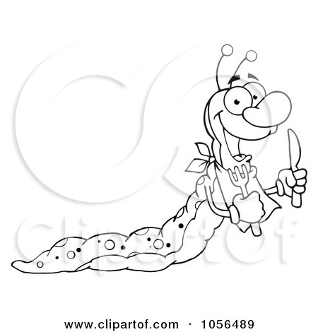 Royalty-Free Vector Clip Art Illustration of an Outlined Hungry Caterpillar With A Bib And Silverware by Hit Toon