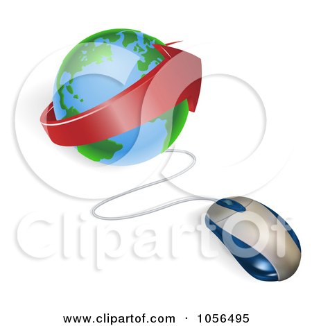 Royalty-Free Vector Clip Art Illustration of a 3d Computer Mouse Plugged Into A Globe With A Red Arrow by AtStockIllustration