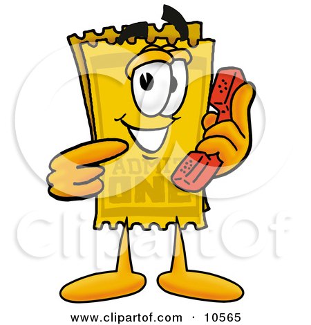 Clipart Picture of a Yellow Admission Ticket Mascot Cartoon Character Holding a Telephone by Mascot Junction