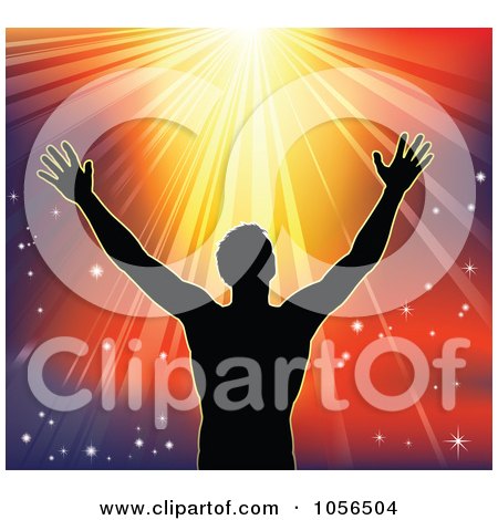 Royalty-Free Vector Clip Art Illustration of a Silhouetted Religious Man Holding His Arms Up To Sunshine by AtStockIllustration