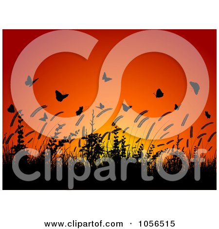 Royalty-Free Vector Clip Art Illustration of a Background Of Silhouetted Wheat And Butterflies At Sunset by KJ Pargeter