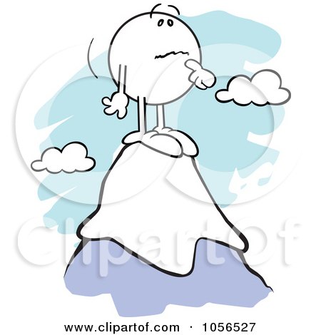 Royalty-Free Vector Clip Art Illustration of a Contemplating Moodie Character Standing On Top Of A Mountain by Johnny Sajem