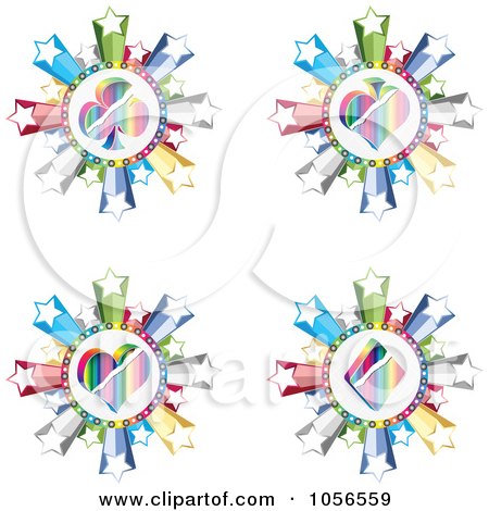 Royalty-Free Vector Clip Art Illustration of a Digital Collage Of Colorful Spade, Club, Heart And Diamond Poker Circles With Stars by Andrei Marincas
