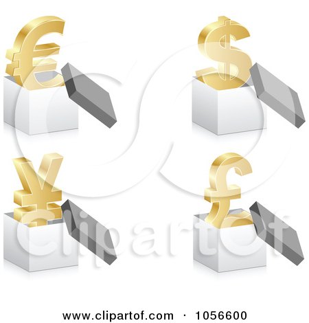 Royalty-Free Vector Clip Art Illustration of a Digital Collage Of 3d Golden Currency Symbols In Boxes by Andrei Marincas