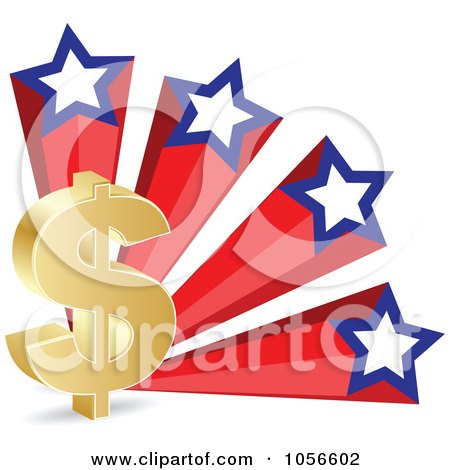 Royalty-Free Vector Clip Art Illustration of a 3d Gold Dollar Symbol And American Stars by Andrei Marincas