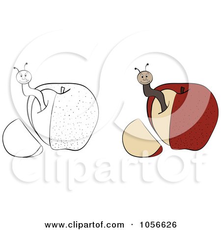 Royalty-Free Vector Clip Art Illustration of a Digital Collage Of Outlined And Colored Worm In An Apple With A Cut Off Wedge by Andrei Marincas
