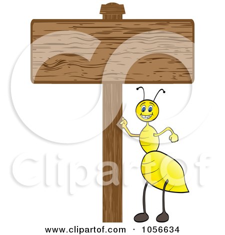 Royalty-Free Vector Clip Art Illustration of a Yellow Ant With A Blank Wood Sign by Andrei Marincas